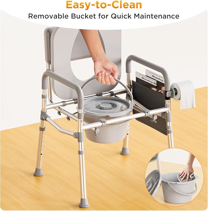 Bedside Commode Toilet, Padded Seat & Backrest, Height Adjustable Aluminum Potty Chair | 350lb, Tool-Free Assembly, Removable Bucket, Portable Toilet for Adults & Seniors