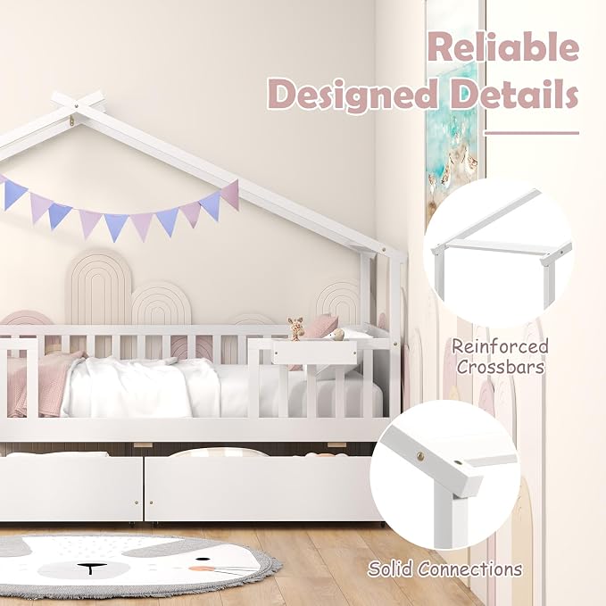 Giantex Twin House Bed with Drawers, Wooden Twin Bed Frame with Cube Storage & Fence Rails, Montessori Beds for Kids Boys, Girls, Bedroom, Living Room, No Box Spring Needed, White