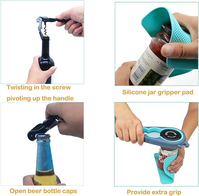Otstar Jar Opener Bottle Opener for Weak Hands,Seniors with Arthritis, Elderly, Jar Lid Opener Gadgets with Rubber Jar Opener Gripper Pad and Corkscrew Opener