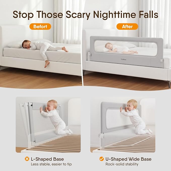 Bed Rail for Toddlers,71 Inch Foldable Baby Guard | 71 in foldable toddler rail with reinforced anchors, no-gap mattress fit, double lock, washable fabric for King|Queen