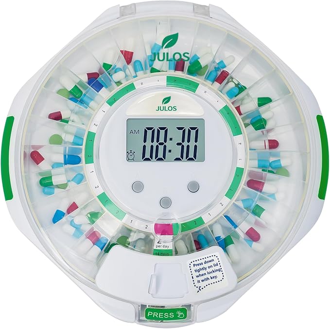 JULOS 28-Day Automatic Pill Dispenser with Audio & Visual Alerts for Elderly, up to 6 Alarms/Day, Easy-Read LCD Display, 9 Dosage Templates, Lock Medicine Dispenser for Medication, Vitamins, Clear Lid