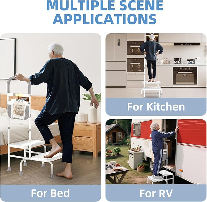 2 Step Stool with Handle for Elderly Heavy Duty Bed Steps for High Beds for Adults Two Step Stools for Seniors with Adjustable Handrail Non-Skid Platform LED Light Foot Stool for Kitchen Room (White)