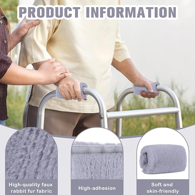 2 Pcs Walker Handle Cushions Fluffy Walker Hand Pads Universal Padded Rollator Hand Cover for Folding Rolling Wheelchair, Senior, Elderly Grippers, with 2 Extra Foam Pads(Gray)