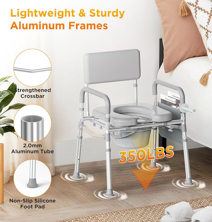 Bedside Commode Toilet, Padded Seat & Backrest, Height Adjustable Aluminum Potty Chair | 350lb, Tool-Free Assembly, Removable Bucket, Portable Toilet for Adults & Seniors