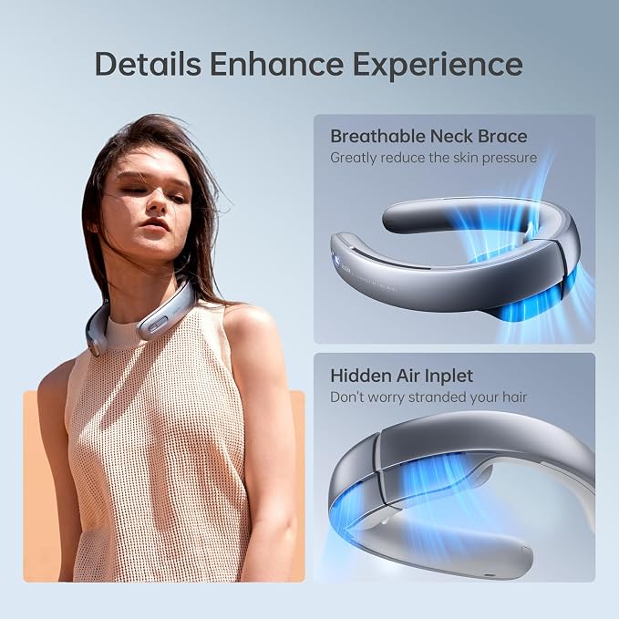 JISULIFE Neck Fan Pro Series - Upgraded 100-Speed Personal Wearable Fan | Equipped with Neck Brace, LED Display, 5000mAh Battery, Max 15H Runtime, Portable & Travel-Ready, Gifts for Women Men(Grey)