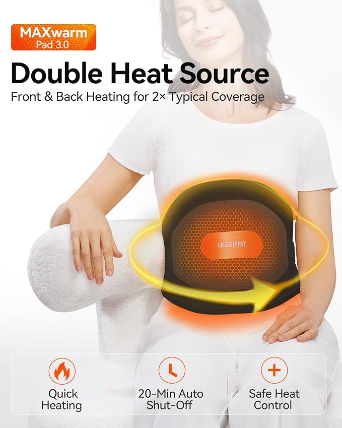 IKEEPFIT® Heating Pad for Back Pain Relief: MAXwarm® 3.0, Portable Cordless Heat Pad with Massager for Period Cramps, 8000mAh Large Battery, Christmas Gift for Women Men 90-310 lbs