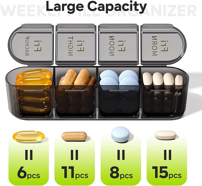 Daviky Pill Organizer 4 Times a Day - Pill Box 7 Day, Weekly Medicine Pill Organizer for Travel with Removable Containers, Pill Case to Hold Daily Vitamins, Supplements and Medication (All Black)