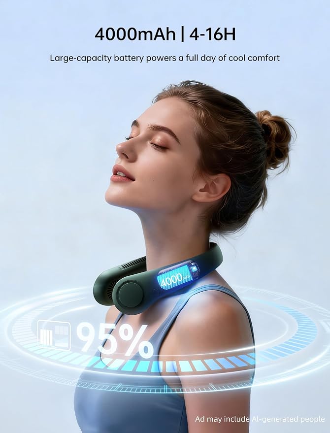 JISULIFE Portable Neck Fan, Hands Free Bladeless Fan, 5 Speeds, 4000 mAh | Battery Operated Wearable Personal Fan, Twistable, Rechargeable Travel Essentials, Gifts for Women Men-Dark Green