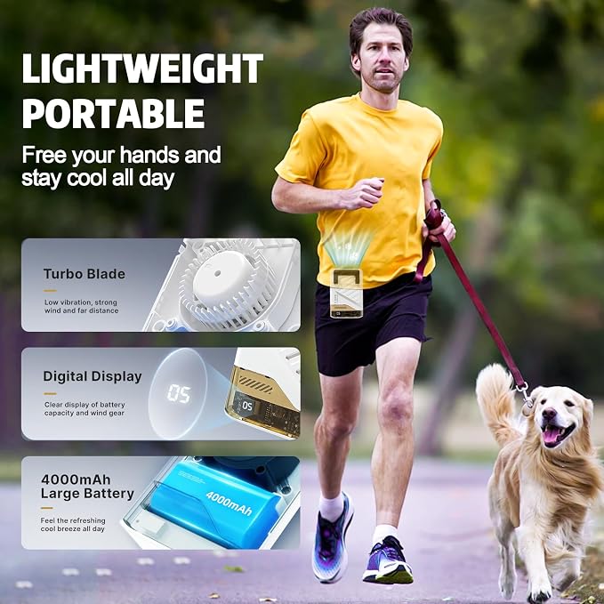 Portable Waist Fan, USB C Powerful Rechargeable Handheld Operation Cooling Shirt Fan LED Display Personal Clip On Wearable Neck Straps Fans with Lanyard Outdoor Working Sports Camping Travel