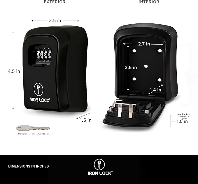 Iron Lock® Medium Wall Mount Combination Key Lock Box, Outdoor (Black) | Screw-in wall mount (4 screws + 4 anchors) — not magnetic, does not hang; weather-resistant zinc alloy, includes key hanger