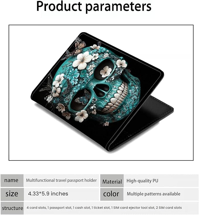 Passport Holder Wallet Cover Case,RFID Blocking Passport Cover,Large Capacity Travel Wallet with Multi Card Slots (Skulls and Butterflies)