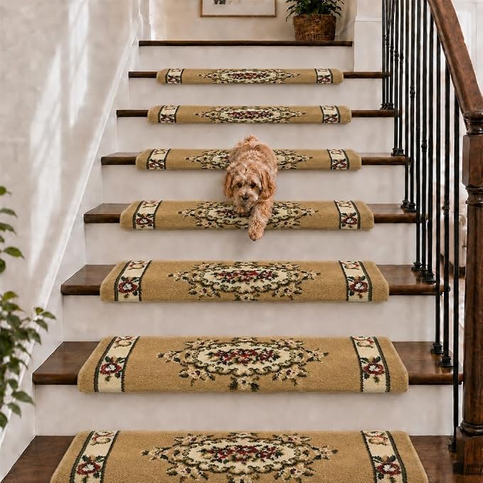 Rounded Bullnose Carpet Stair Treads for Wooden Steps Indoor, No Tape Non Slip Step Mats with TPU Backing & Steel Reinforced Edge for Dogs Elders,Beige Floral,14