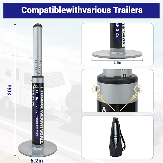 Rv Trailer Tongue Weight Scale 1800 Lb, 6.3" Large Stability Base Tongue Weight Scale for Travel Trailers Rv Campers & Boat, Fatigue-Resistant Spring System, Minimal Recalibration, (With Portable Bag)