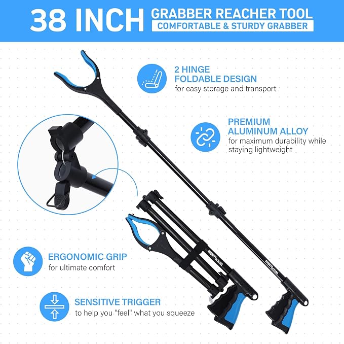 38" Extra Long Grabber Reacher Tool – 2 Pack Foldable Reacher Grabber Pickup Tools with 360° Rotating Jaw & Magnet - Heavy Duty Pick Up Grabbers for Seniors, Trash, Surgery Recovery (Blue Blue)