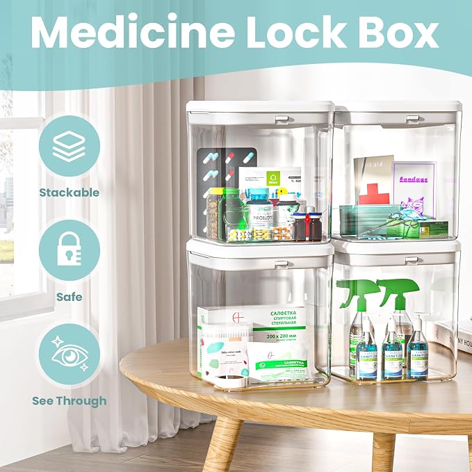 Medicine Lock Box for Safe Medication, Clear Lockable Storage Box for Snacks Food, Phone Lock Boxes with Combination Code for Home/Dorms/Office Storage Lockers (White)