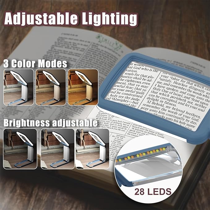10X Magnifying Glass with Light and Stand, Real Glass Lens, Rechargeable Foldable Handheld Magnifier, 3 Color Modes Dimmable Lighted Page Magnifier for Reading Fine Prints, Seniors - Blue White