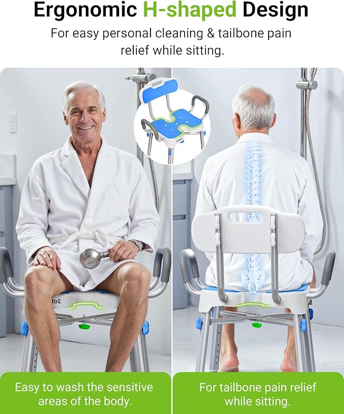 Ergonomic H-Shaped Shower Chair for Elderly and Disabled with Padded Back & Arms,500 lbs Heavy Duty Adjustable Shower Stool Seat for Easy Cleaning, Anti-Slip Bath Chairs for Bathtub