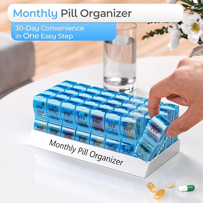 Monthly Pill Organizer 2 Times a Day, 30 Day Pill Box Organizer, One Month AM PM Pill Case Small Compartments to Hold Vitamin and 31 Day Travel Medicine Organizer, 4 Week Pill Cases (Blue)