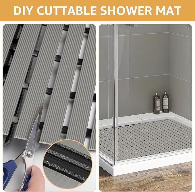 Yolife PVC Large Shower Mat, 35.4 × 24 Inch Non Suction Cup Non Slip Shower Floor Mat, Easy to Cut & Curlable Stand Up Shower Stall Mat, Heavy Duty Bath Shower Mats for Inside Shower