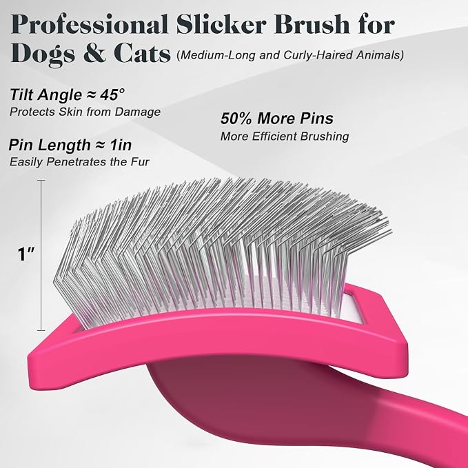 2PCS Slicker Brush for Dogs & Pet Comb,Professional Dog Grooming Brush (Goldendoodles,Poodles,Labradoodles) with Extra Long Pins to Effectively Remove Tangles, Knots and Mats (Pink, Large)