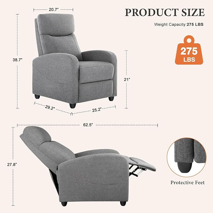 OLIXIS Recliner Chair for Adults, Home Theater Seating with Lumbar Support | Fabric Reclining Sofa Chair Seat for Living Room, Recliners, Gray