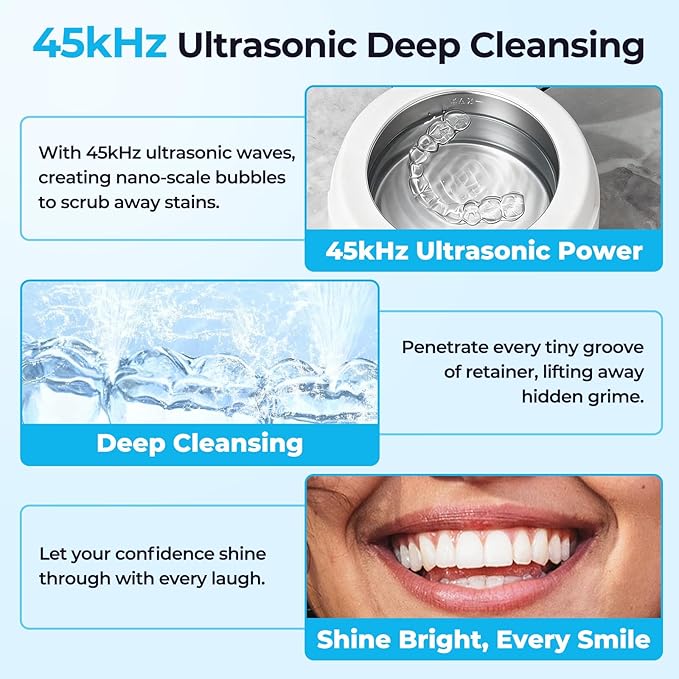 Ultrasonic Retainer Cleaner Machine, Denture Cleaner for Mouth Guard, Night Guard, Aligner, Dentures, Jewelry, Toothbrush Heads, 45kHz 250ML UV Ultrasonic Denture Ultra Sonic Cleaning for Retainers