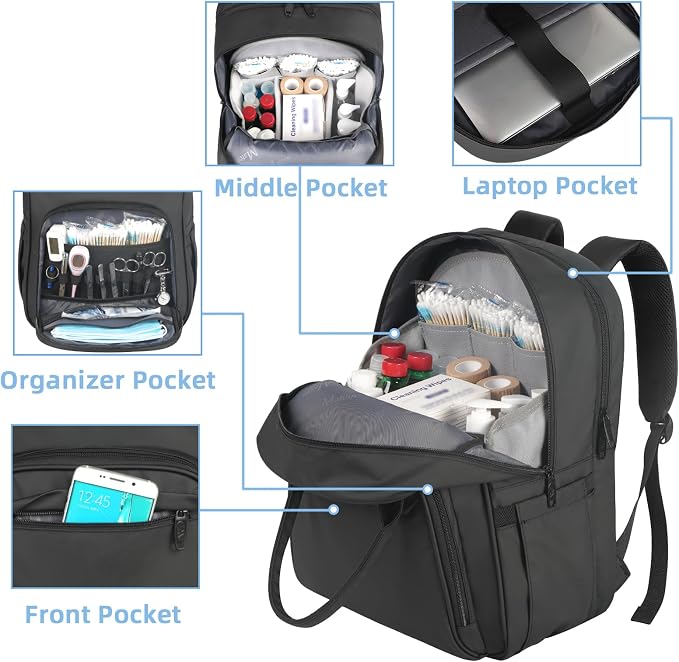 MATEIN Nurse Backpack, Nursing Medical Bag for Women Fits 15.6 Inch Laptop | Home Health Clinical Bag with Removable Organizer, Nurse Essentials, Nurse Work Backpack, Commute, Travel, Black