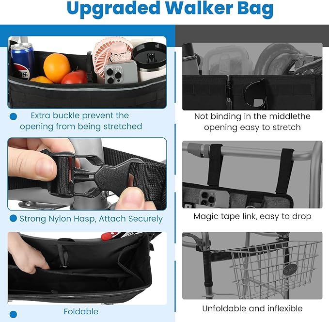 ZHCHG Walker Basket for Seniors, Walker Accessories Bag for Folding Walker | Large Capacity & Never Tipping Over, Best Gift- (Not Fit Rollator Walkers)- Black