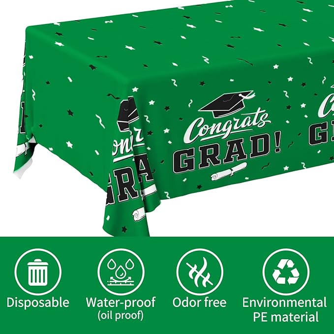 Gatherfun Graduation Party Decorations, Gongrats Grad Tablecover for Graduation Party Supplies, 3 pcs Green Table Cloths, 54"x108"
