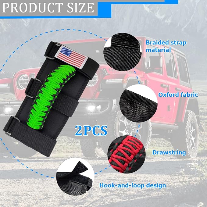 2PCS Car Roll Bar Grab Handles, Oxford Cloth American Flag ATV Paracord Grip Handle with Metal Buckle, Heavy Duty UTV Roll Cage Grab, Compatible with Wrangler JL, JT, JK (Fluorescence Green)