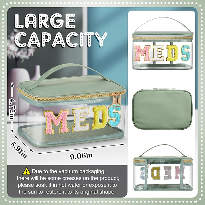 Geetery Chenille Letter Bag, Meds Cheer Travel Cases Cheerleader Gifts Cosmetic Bag Nylon Makeup Portable Preppy Patch with Zipper Toiletry Storage Case for Women(Sage Green,Meds)