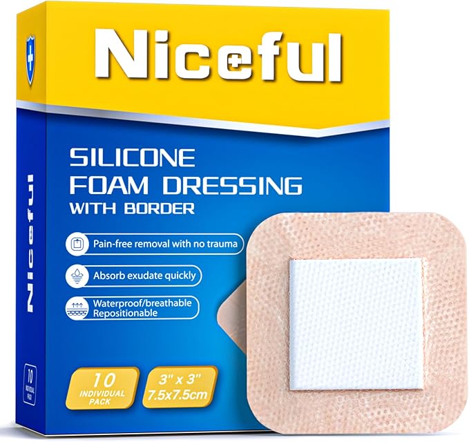 Niceful Ultra Soft Silicone Foam Dressing 3"x3" (10 Pcs)| Large Bandages for Wounds Pressure Sores Post-Surgery