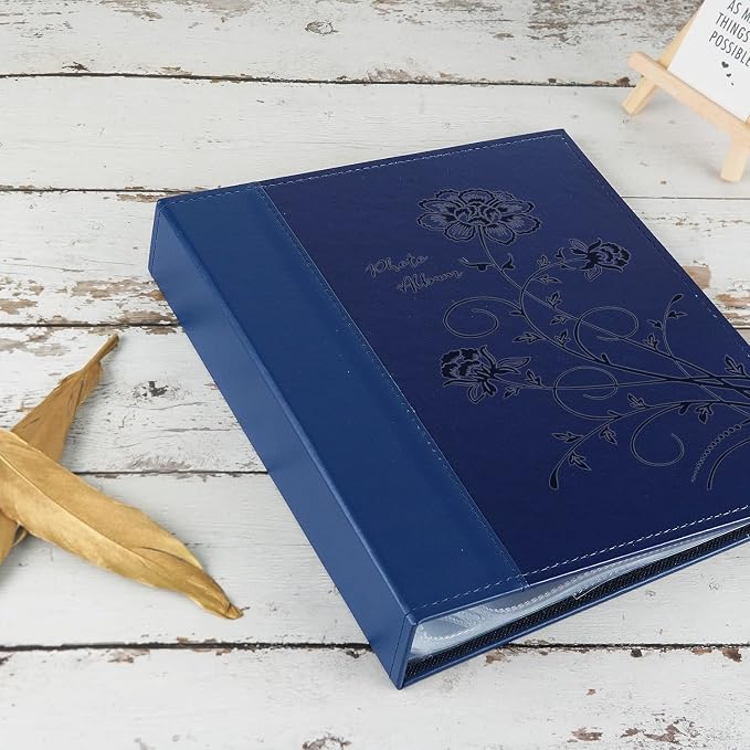 Photo Album 8x10 Clear Pages Pockets Leathe Cover Slip Slide in Photo Album Holds 50 Vertical 8x10 Photos Picture Book for Wedding Family (Blue)