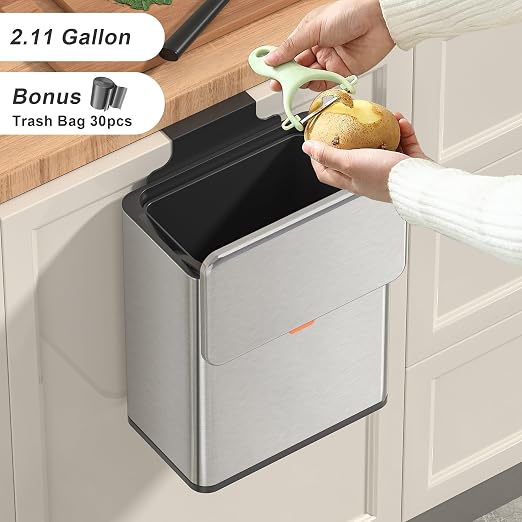 Mbillion 2.1 Gal Silver Hanging Stainless Steel Compost Bin | 8L trash can with lid, cabinet & under sink door mount design, for kitchen, RV and bathroom food waste storage