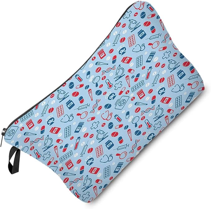 Livel lhood Blue Medical Supplies Small Makeup Zipper Bag | Blue Medical Supplies Printed Cosmetic Organizer Pouch, Medical Theme Gift for Women Friends, Cute Travel Toiletry Bag