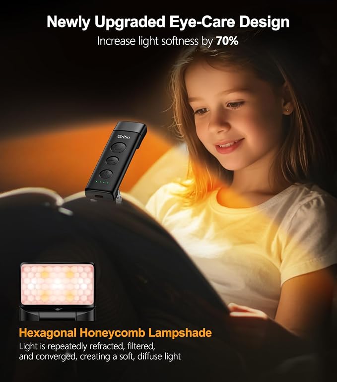 Gritin Book Light Rechargeable, Clip on LED Reading Light for Books in Bed | Eye Caring 3-Color & 5-Brightness, Stepless Dimming, Long Lasting, Compact Size Flexible Book Lamp for Bookworms-Black