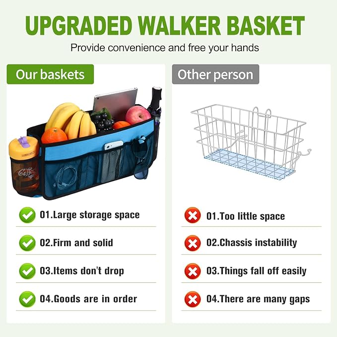 CTWWFS Upgrade Walker Basket with Cup Holder, Foldable Walker Storage Bag for seniors with Big Capacity & Never Tipping Over, Best Gift for Family (Sky Blue)