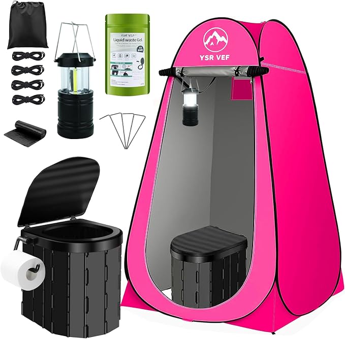 Portable Toilet Kit, Camping Toilet with Pop-Up Privacy Tent and Poo Gel Toilet Bags, Washable Portable Outdoor Showers Changing Rooms