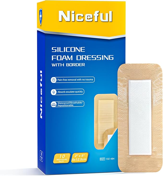 Niceful 10 Pcs Silicone Foam Dressing 2" x 5" - Ultra Soft Waterproof Silicone Bandages with Adhesive Border, Highly Absorbent Foam Dressing for Bed Sores, Leg Ulcers