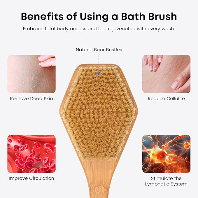 eaxun 17.5 Inches Bamboo Back Scrubber for Shower with Curved Long Handle | Natural Boar Bristles, Shower Brush with Anti-Slip Grip, Exfoliating Back Washer for Bath or Dry Brushing, Men & Women
