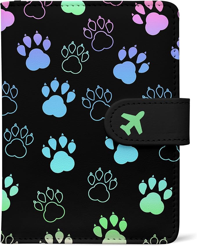 Passport Holder, Cute Travel Wallet Cover with RFID Blocking,Pawprint | PU leather travel wallet with magnetic closure, card slots, pen loop, and easy access for passports and essentials.