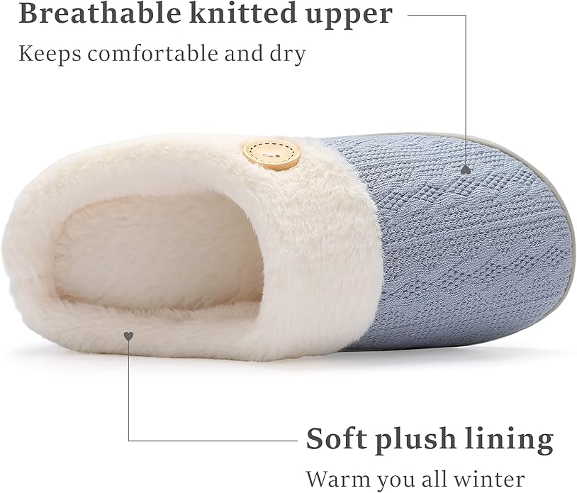 Chantomoo Womens Slipper Warm Comfy Memory Foam House Slippers Knitted Shoes Faux Fur Lined Anti-Skid Rubber Sole Bedroom Cozy Indoor Outdoor Slippers