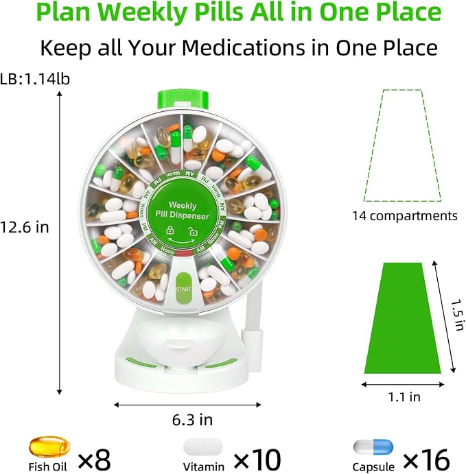 EziMedPil Pill Dispenser with One-Press Button & Braille Symbol for Seniors | No-Flip Design Wall-Mounted or Free-Standing with Med Cup & Tweezers for Medicine Hygienic, 14-Day Organizer for Vitamins