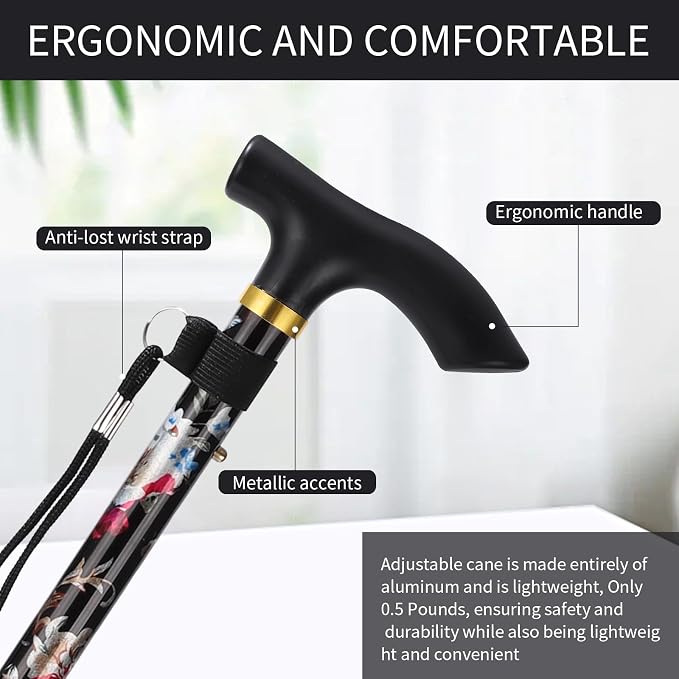 Walking Cane, Folding Cane for Man & Women, Portable Lightweight | 5-Level Adjustable Height, Collapsible Cane for Seniors Balancing Mobility Aid