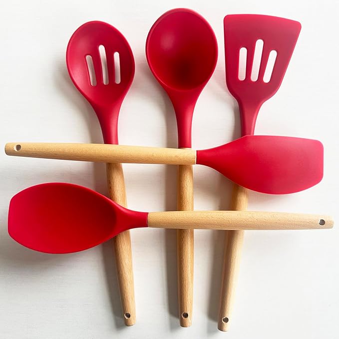 Silicone Cooking Utensils Set 5Pcs Non-Stick Silicone Kitchen Utensils for Cooking, Heat Resistant Kitchen Gadgets Spatula Spoon Turner Set with Wooden Handles for Non-Stick Cookware BPA Free