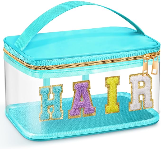 Geetery Chenille Clear Makeup Bag, Green Hair Bag Cosmetic Case Nylon Makeup Portable Preppy Patch with Handle Zipper Toiletry Storage Case Waterproof Pink Hair Patch for Women