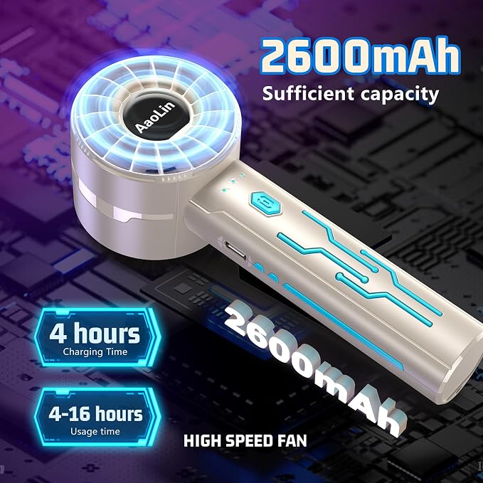 AaoLin 2pcs Portable Handheld Turbo Fan with 7000rpm High-Speed Motor USB Rechargeable Cooling Personal Fan 4-Speed, 4-16H Runtime, with Lanyard for Outdoor Travel, Women, Kids, Summer Gift