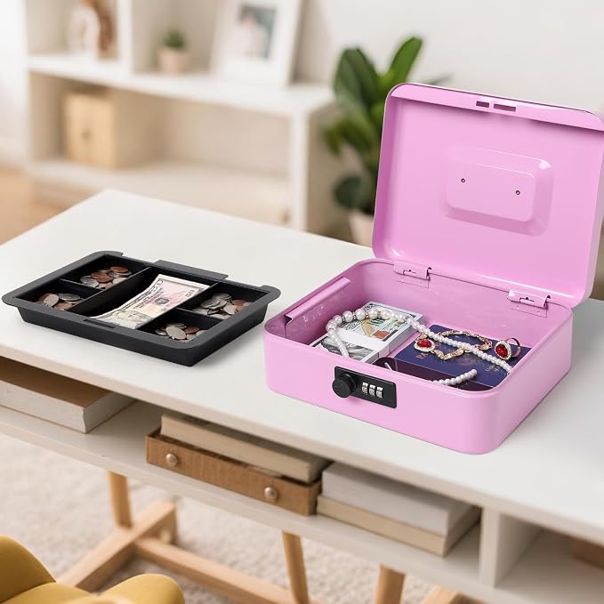 Jssmst Large Cash Box with Combination Lock - Durable Metal Cash Box with Money Tray, Light Purple (9.84 x 7.87 x 3.46)