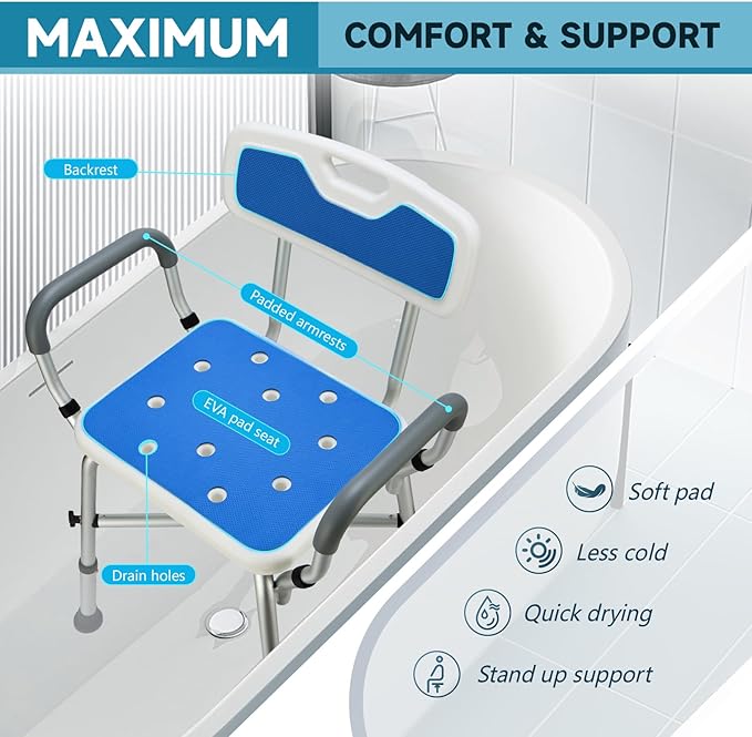Shower Chair for Inside Shower, FSA/HSA Eligible 600 lbs Heavy Duty Shower Chair for Elderly and Disabled, Height Adjustable Shower Chair with Arms and Back, Bath Chairs for Seniors, Adults, Handicap