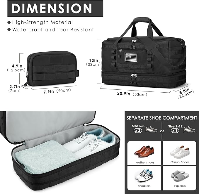 Gym Bag for Men Women, Carry on Luggage 22x14x9 Airline Approved Duffle Bag | Tactical Travel Bags with Toiletry Bag and Shoe Compartment, Weekender Overnight Duffel with Wet Pocket for Workout, Black